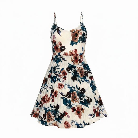 a new day Dresses & Skirts - A New Day Cream Floral Pleated Dress | V-Neck | Spaghetti Strap | Size XXL